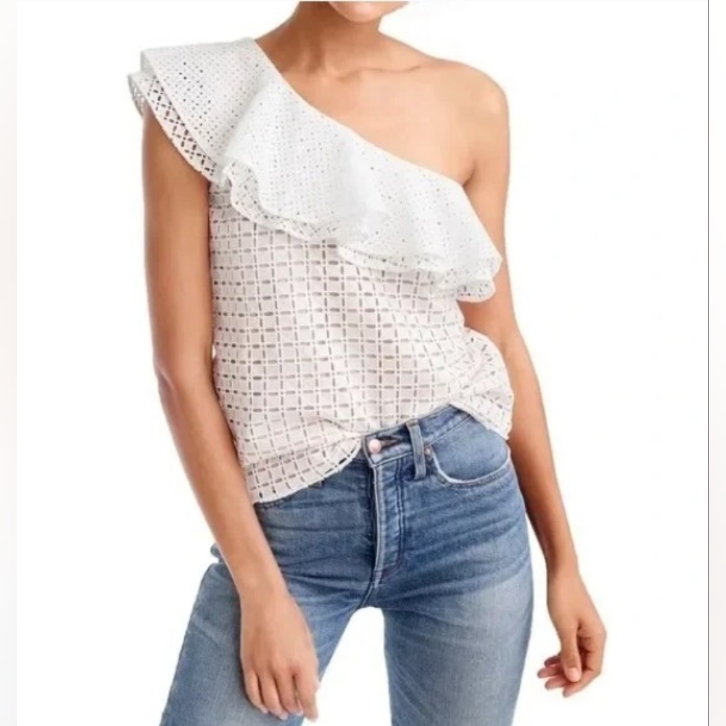 J. Crew One-Shoulder Ruffle Eyelet Top- Size 8